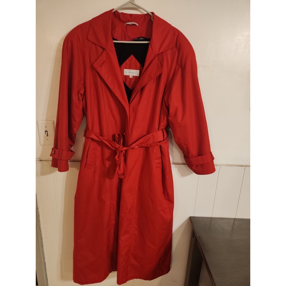 Vintage Investments Red Trench Coat Women Sz 8 Belted Long Duster Trendy Jacket